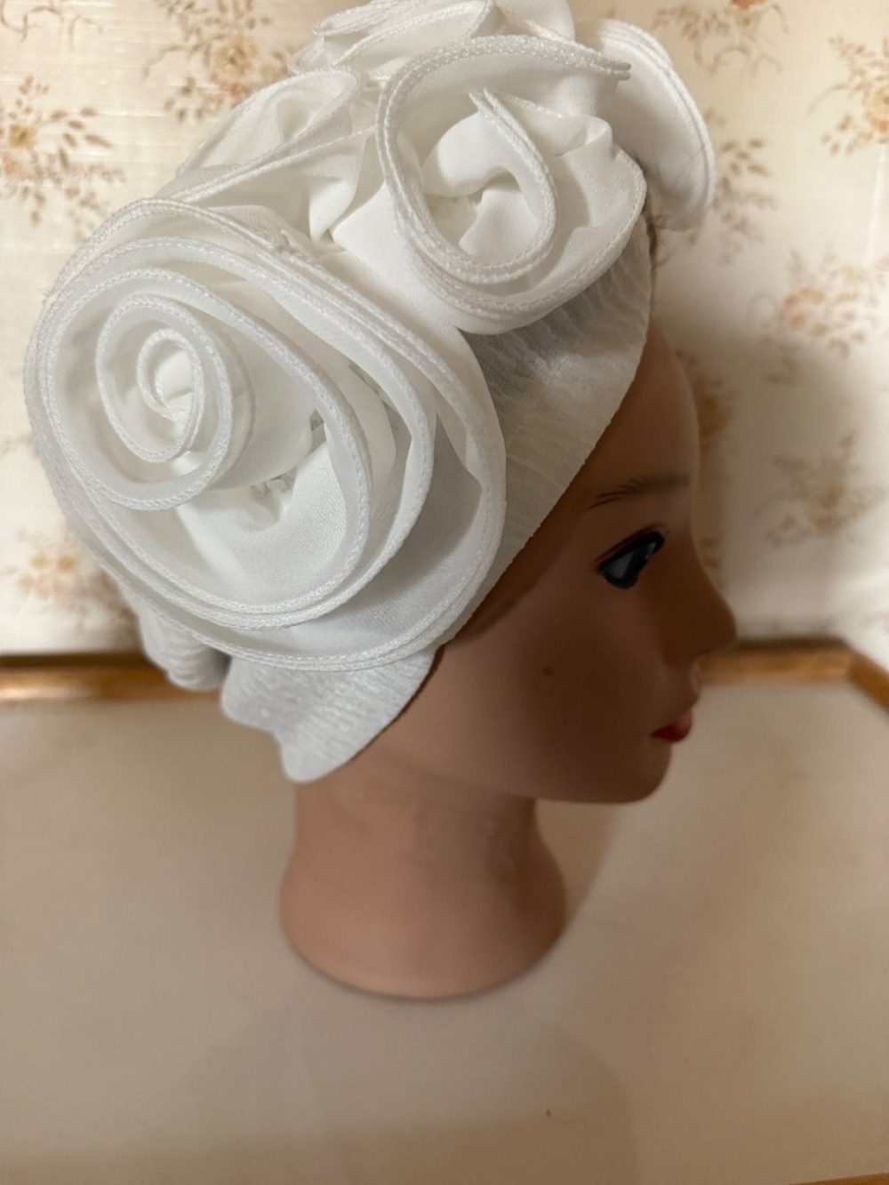 Beautiful white stretch women's turban with organza rosettes